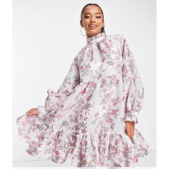 ASOS Petite pephem tie neck mini dress in floral - Picture 7 of 8